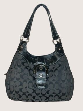 Coach Black Signature Jacquard Canvas Lynn Hobo Shoulder Bag w/Flaws F17094
